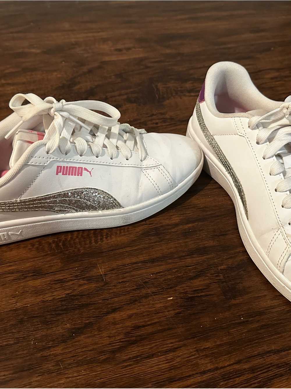 Puma White Low-Top Sneakers with Pink Logo and Silver Glitter Stripe